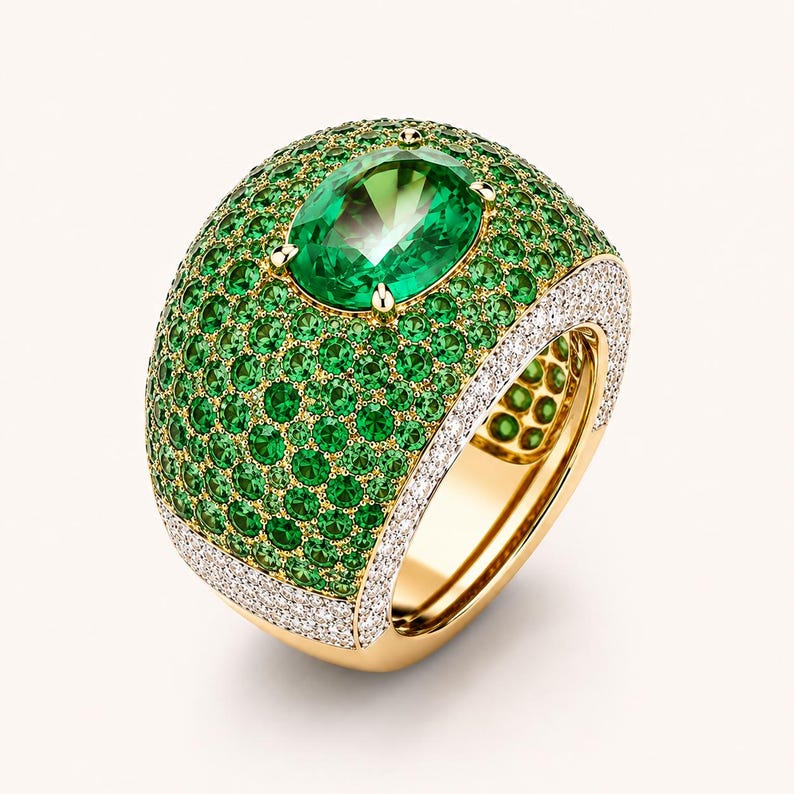 Emerald Pave Ring With Moissanite