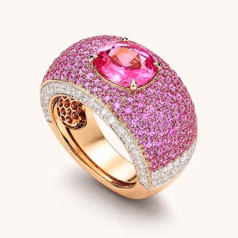 Pink Ruby Pave Ring With Moissanite
