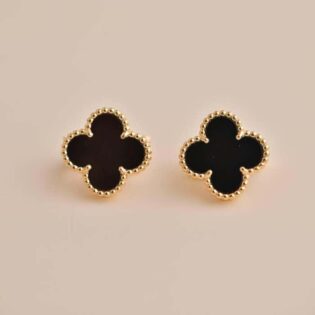Black Onyx Clover Earrings 925 Sterling Silver With Gold Plated