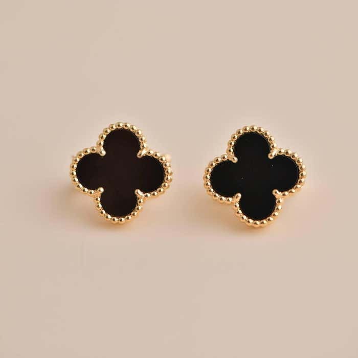 Black Onyx Clover Earrings 925 Sterling Silver With Gold Plated