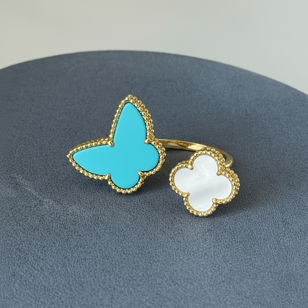 Turquoise Butterfly & Mother Of Pearl Clover Ring - Image 2