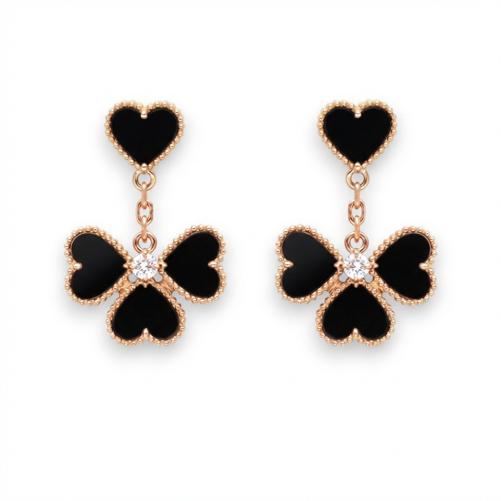 Black Onyx Heart & Clover Earrings