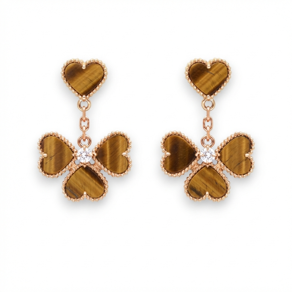 Tiger Eye Heart & Clover Earrings