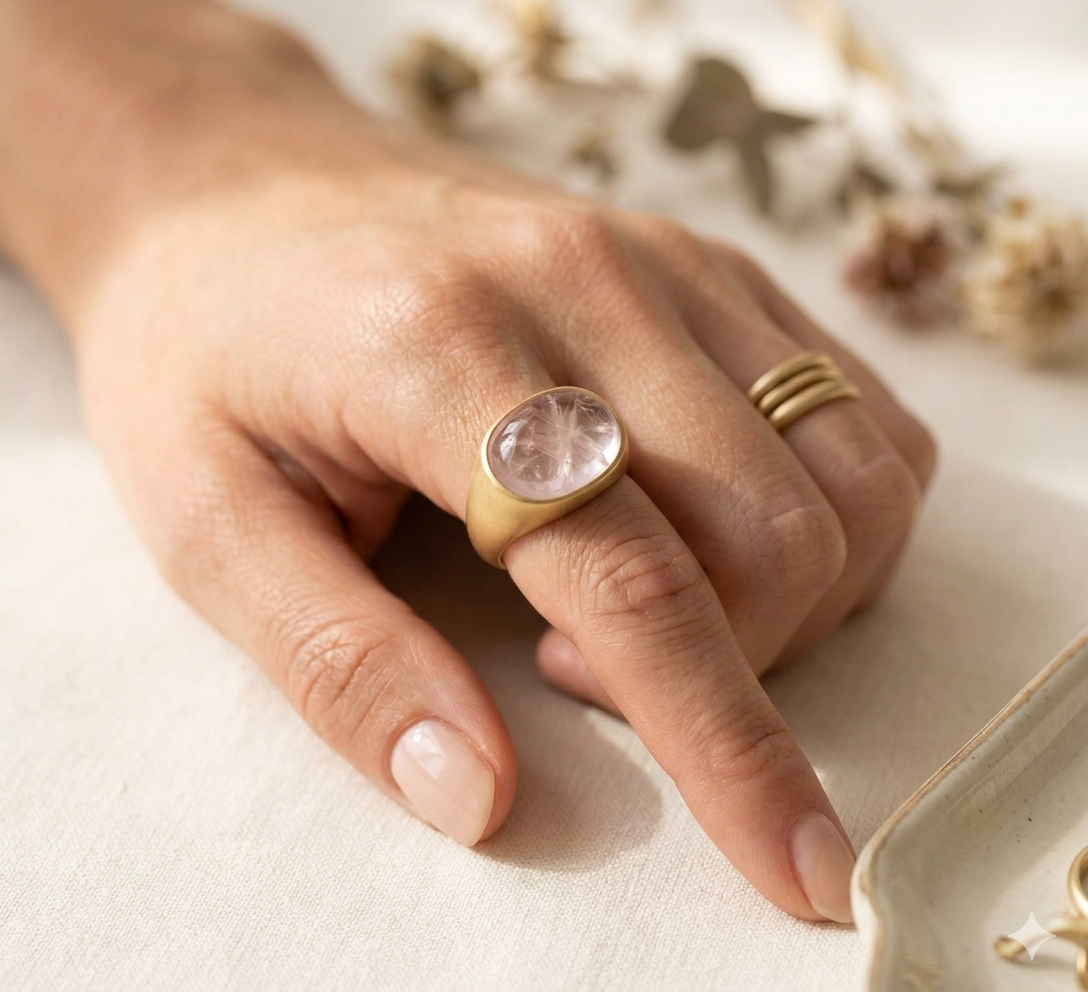 Rose Quartz Oval Boho Signet Ring - Image 4