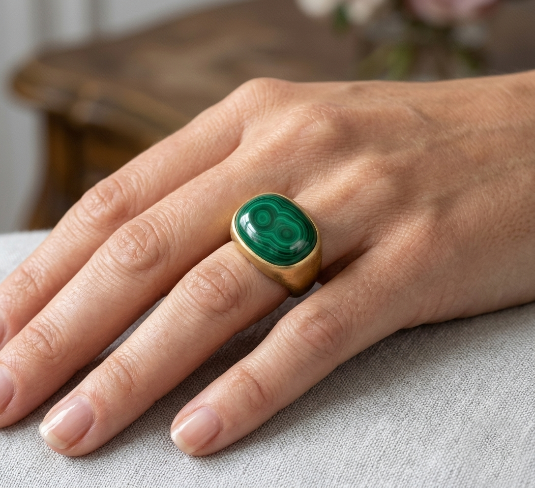 Malachite Oval Boho Signet Ring - Image 4