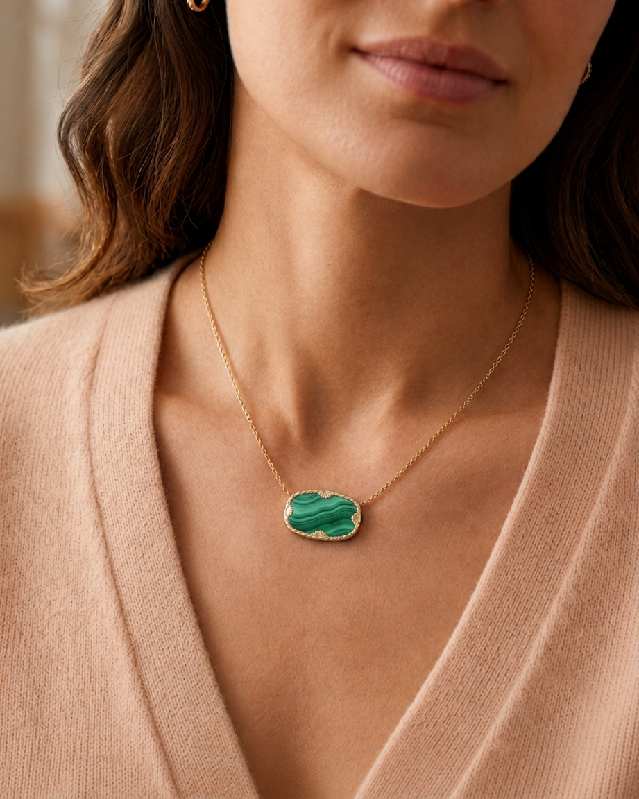 Malachite Necklace 925 Sterling Silver With Gold Plated - Image 2