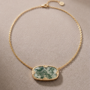 Moss Agagte Necklace 925 Sterling Silver With Gold Plated