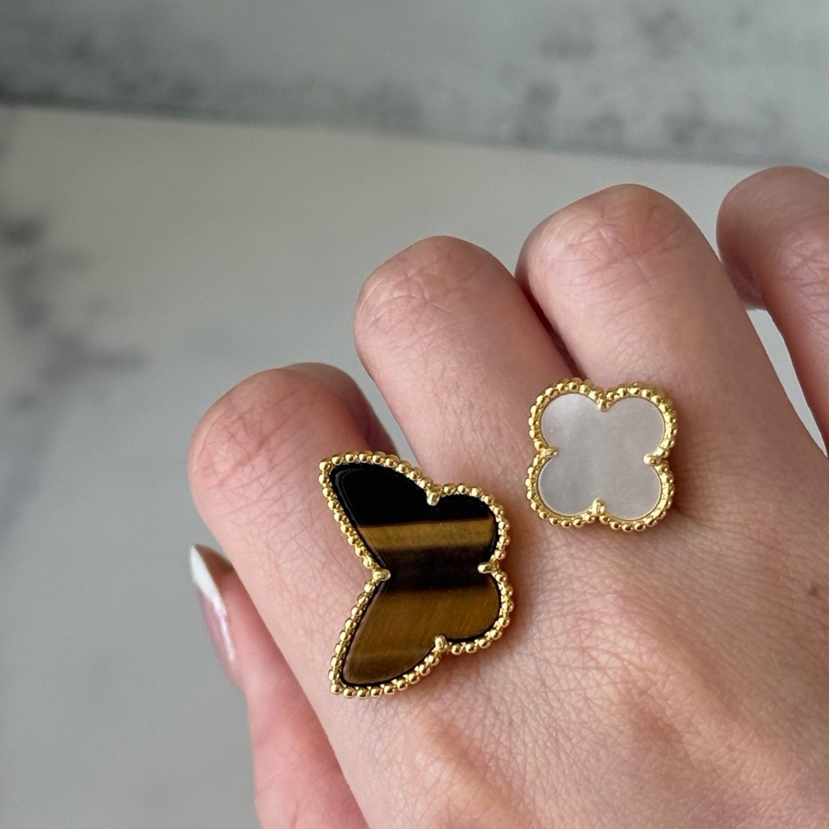 Tiger Eye Butterfly & Mother Of Pearl Clover Ring - Image 2