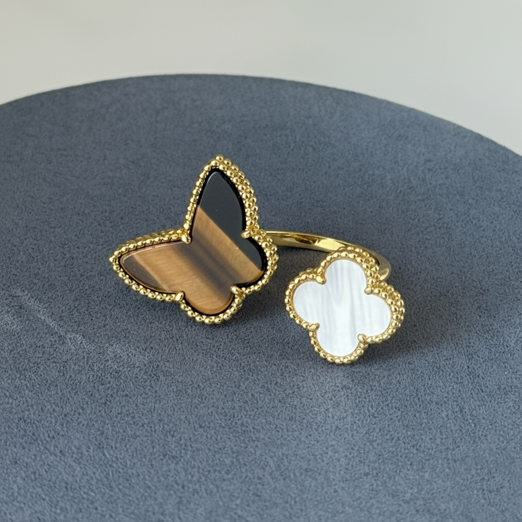 Tiger Eye Butterfly & Mother Of Pearl Clover Ring