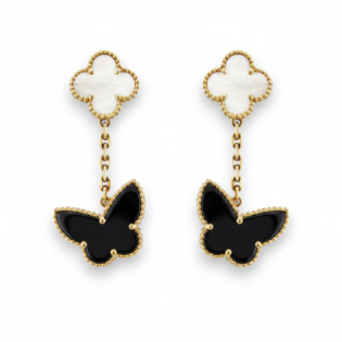 Black Onyx Butterfly & Mother Of Pearl Clover Earrings