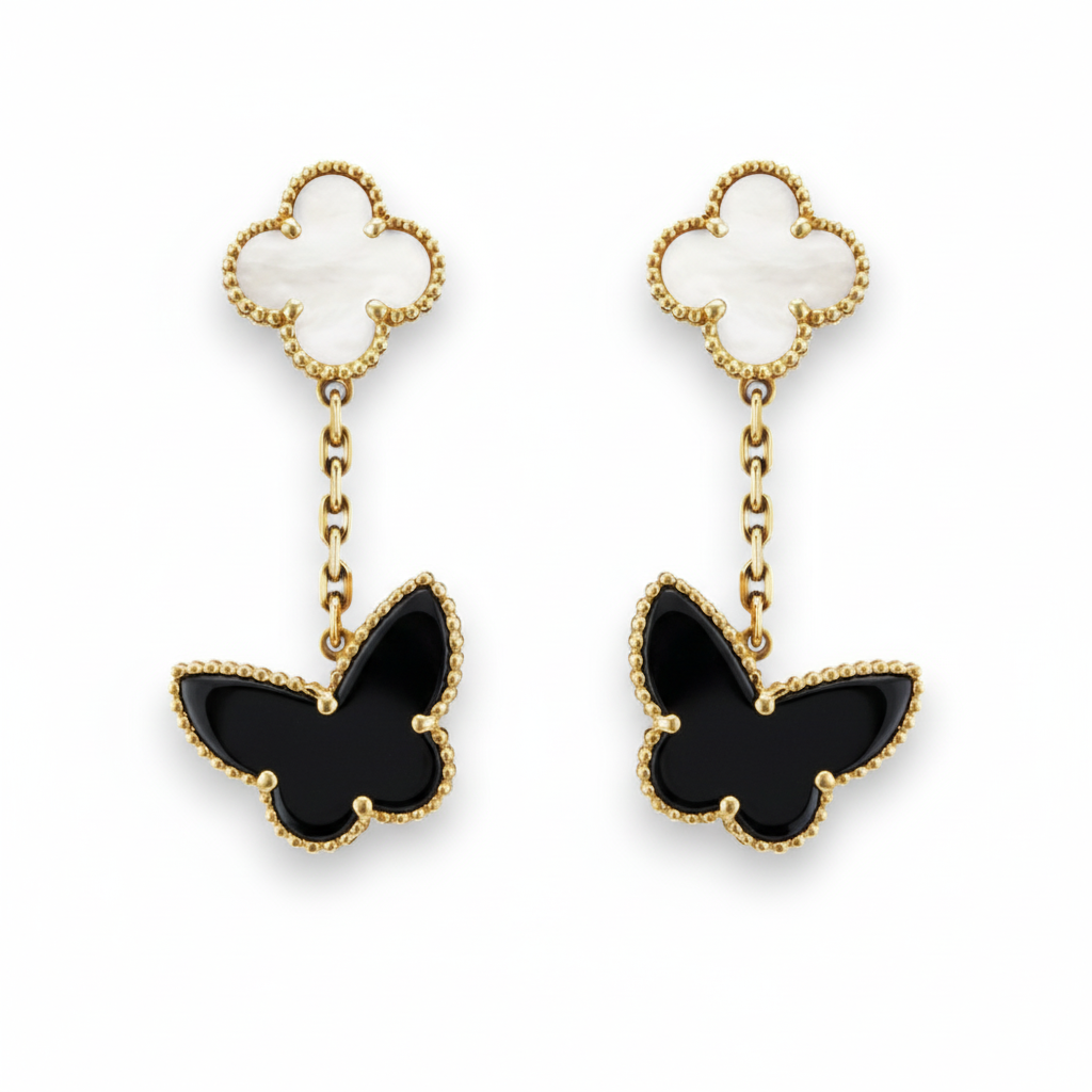 Black Onyx Butterfly & Mother Of Pearl Clover Earrings