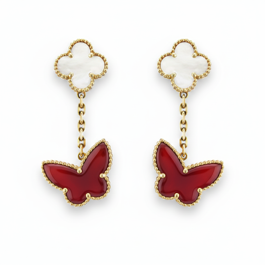 Carnelian Butterfly & Mother Of Pearl Clover Earrings