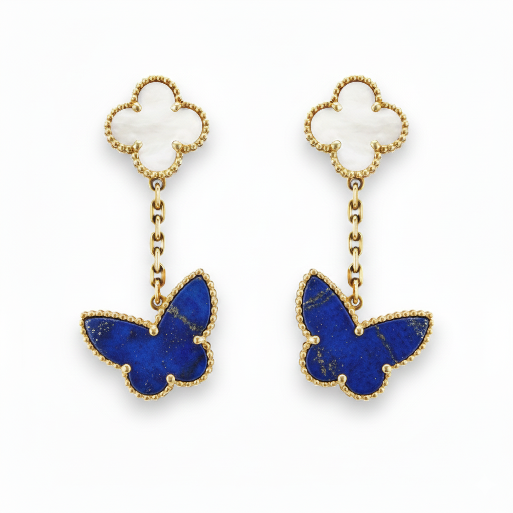 Lapis Lazuli Butterfly & Mother Of Pearl Clover Earrings