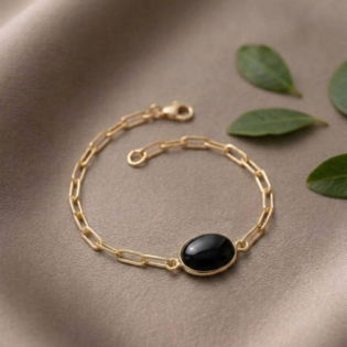 Black Onyx Oval Bezel Paperclip Chain Bracelet