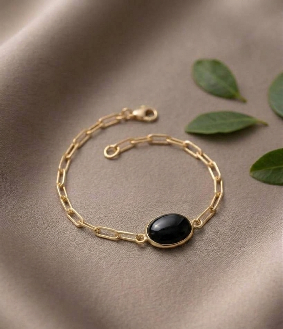 Black Onyx Oval Bezel Paperclip Chain Bracelet