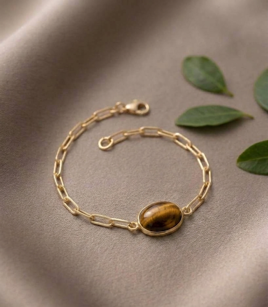 Tiger Eye Oval Bezel Paperclip Chain Bracelet