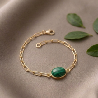 Malachite Oval Bezel Paperclip Chain Bracelet