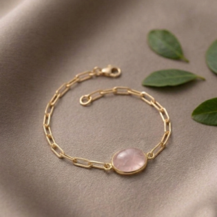 Rose Quartz Oval Bezel Paperclip Chain Bracelet