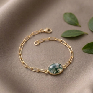 Moss Agate Oval Bezel Paperclip Chain Bracelet