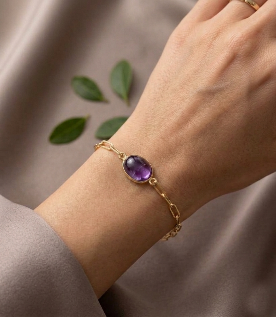 Amethyst Oval Bezel Paperclip Chain Bracelet - Image 2