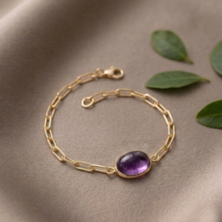 Amethyst Oval Bezel Paperclip Chain Bracelet