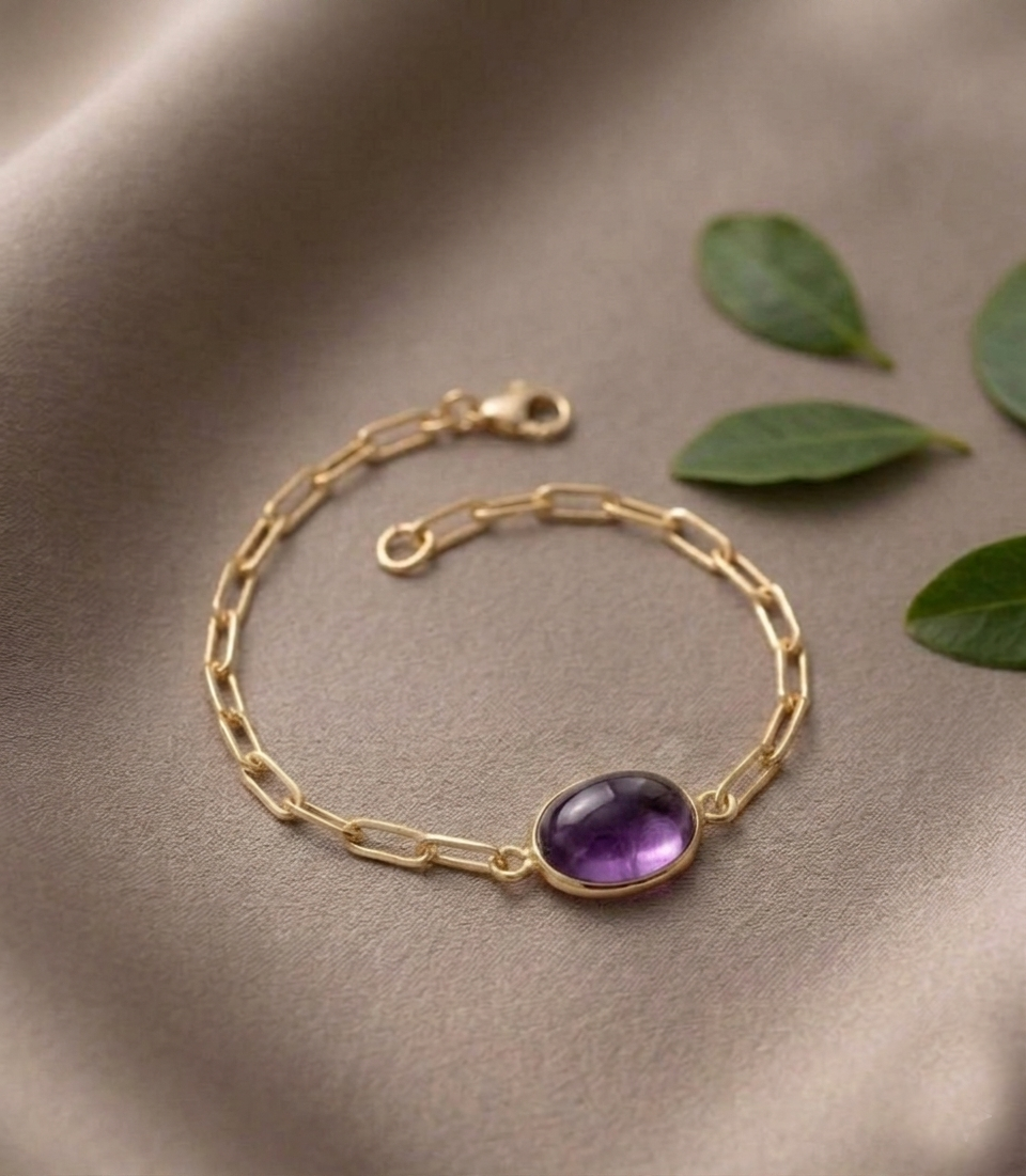 Amethyst Oval Bezel Paperclip Chain Bracelet